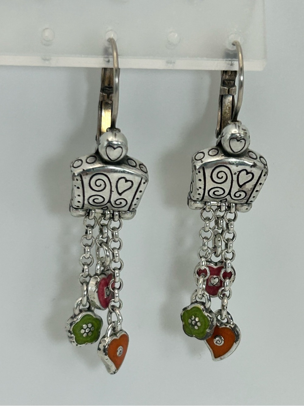 Brighton Havana Leverback Earrings Dangling Pink Green Orange Charms 2" Drop VTG